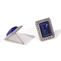 Pendientes rectangulares de plata con piedra azul oscuro y detalle de borde de cuentas - Pendientes de Botón de Piedra Natural Rectangulares Geométricos - Acero Lapislázuli