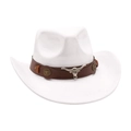 Weißer Western-Cowboyhut mit braunem Lederband und silbernem Longhorn-Bullenkopf-Ornament - Einheitsgröße / Weiß