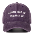 Close-up of vintage washed purple baseball cap with Women Want Me Fish Fear Me embroidery - One Size(Adjustable) / Purple