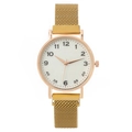 Elegant ladies fashion quartz watch featuring a rose gold mesh magnetic strap and white dial - Gold