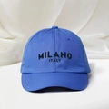 Close-up of black MILANO ITALY embroidery on a royal blue cotton baseball cap - Royal Blue