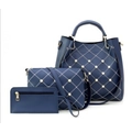 Dark blue 3-piece bag set with quilted diamond stitching and pearl stud accents - Blue