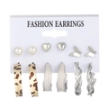 Set de 6 pares de pendientes plateados con perlas, corazones y aros de leopardo en tarjeta - Estilo Mariposa Leopardo (4611) / Estilo Plateado