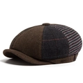 Berretto newsboy rétro in lana patchwork con motivi a spina di pesce e bottone laterale - Regolabile / Cachi
