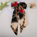 Retro chain print bow hair clip with long satin streamers in black red and beige - Black Chain