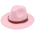 Detail of pink wool felt fedora hat featuring a brown leather band and silver buckle - Pink