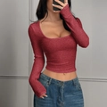 Chic red ribbed knit long sleeve crop top with square neck and slim fit for women - XS / Crimson