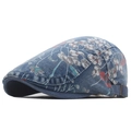 Dames denim baret met bloemenprint in middenblauw en verstelbare metalen gesp - Middelblauw