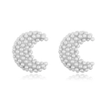 Macro shot of silver crescent earrings pavé-set with lustrous white pearls on white background - Platinum Color Moon