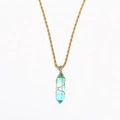 Detail of gold rope chain and gradient crystal pendant with delicate wire wrapping - Green To Blue Gradient