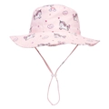 Close-up of pink sun hat featuring unicorn rainbow prints and adjustable chin strap - XS (44-46cm Head Circumference) / Pink Unicorn