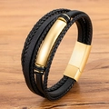 Pulsera multicapa de cuero trenzado negro para hombre con cierre magnético dorado - 19cm / Dorado