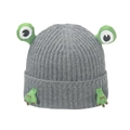 Detail of grey ribbed beanie with green 3D frog eyes and 'Good' embroidered claws - M (56-58cm) / Gray