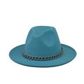 Detail of teal wool felt fedora featuring a thick grey chain link decorative band - Lake Blue(24)