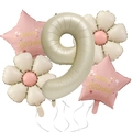 Close-up of cream number 9 balloon with daisies and pink happy birthday star balloons - Daisy Number Set 9