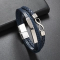 Blauwe gevlochten lederen armband met zilveren oneindigheidsteken en magneetsluiting - Blauw
