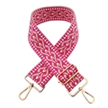Detail of pink and beige geometric woven wide shoulder strap with gold metal hooks - Rose Red