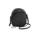Close-up of black quilted PU leather crossbody bag featuring three golden zipper layers - Black