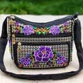 Ethnic black shoulder bag with purple floral embroidery and sequin details - Purple Plum Blossom
