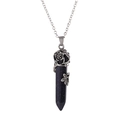 Silver necklace with a blue sandstone hexagonal point pendant featuring flower decoration - Blue Goldstone
