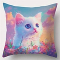 Modern white cat and floral art print linen cushion cover for sofa decoration - Style 13 / 45*45cm (No Core)