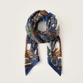 Bohemian floral print silk-feel square scarf in elegant blue and orange tones - 90*90cm / Dark Blue