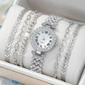 Elegant silver women's watch set with Roman numerals, rhinestones and four bracelets - Silver Set 1 (Without Box)