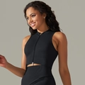 Black seamless yoga set with ribbed zip-up vest and high-waist fitness leggings - Vest - Black