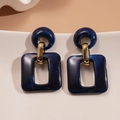 Dark blue marble acrylic geometric square and round drop earrings with gold metal links - Blue Marble (925 Silver Pin)