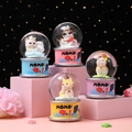 Mini crystal globe set with cute cat figurines on pastel bases for desk decoration - 2550# (lights + Snowflakes)