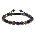 Macro detail of faceted tiger eye and obsidian beads on adjustable braided bracelet - 8mm Faceted Stone Bracelet