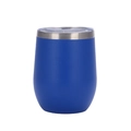 Detailed view of matte blue 12oz stainless steel wine tumbler with clear plastic lid - Dark Blue