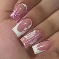 French gradient press-on nails with white butterfly patterns and pink glitter on square tips - Glue Type / Pink White Gradient Butterfly Style (Y-274)