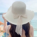 Beige straw sun hat with lace bow and fringe edge detail for summer beach vacation - Large Brim Ribbon Creamy White