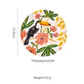 Forest Green Nordic ceramic coaster with toucan and pink floral pattern, 10.8cm diameter - Light Green Coaster