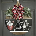 Round wooden door sign with Hello Winter text, red cocoa cup and plaid bow decor - Style L (Hello Winter Cup)