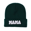Close-up of MAMA towel embroidery on dark green knit beanie hat for winter - Dark Green