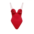 Deep red one-piece swimsuit featuring elegant 3D rose appliqués and chic spaghetti straps - S / One-Piece Swimsuit / Red Suspender Flower Swimsuit