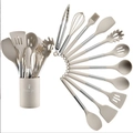 Beige 13-piece silicone kitchen utensil set with stainless steel handles and storage bucket - 12-Piece Round Bucket Set / Khaki