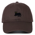 Detailed close-up of a sitting black cat embroidery on a brown cotton baseball cap - Adjustable / Coffee