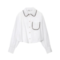 Camisa blanca de popelina con mangas abullonadas, ribetes negros y botones de perlas - XS / Blanco