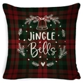 Christmas Jingle Bells pillow cover with red and green plaid tartan linen texture - A-32