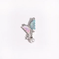 Detail of butterfly pendant with pink and blue wings, clear gems and hanging white pearl - Silver Pink-Blue Iridescent Wing Pearl Butterfly Style