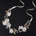 Exquisite bridal hair vine with white fabric flowers, golden leaves, pearls and ribbons - Gold Artificial Pearl Fabric Flower Hair Band (HS-J6365)
