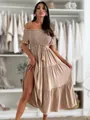 Detail of tiered skirt and off-shoulder smocked bodice on a beige bohemian dress - S / Dresses / Khaki