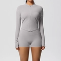 Detailed texture of light grey yoga set with seamless stitching and matte finish - Frost Grey