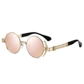 Steampunk round sunglasses with gold mesh frames and reflective pink lenses - Gold Frame Pink Mirror Lens