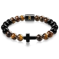 Tiger eye and matte black beaded bracelet with letter R and black cross charm - Letter R