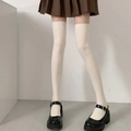 Over-the-knee knit socks in cream white featuring vertical ribbed texture for women - One Size / Striped Over Knee Socks - White