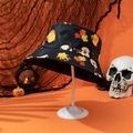 Detail of Halloween bucket hat with pumpkin and skull prints on a festive orange background - M (56-58cm) / Maple Leaf+Pumpkin-5